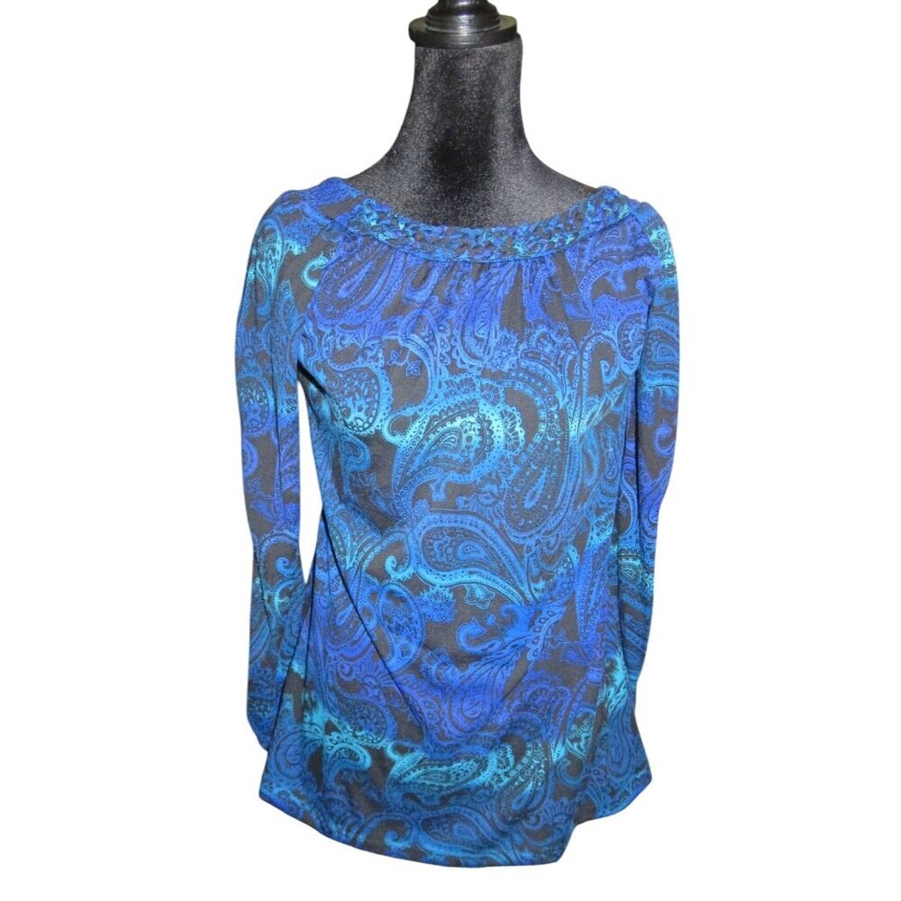 Self Esteem Blue Paisley Long Sleeves Round Neck Casual Blouse Top Size Large